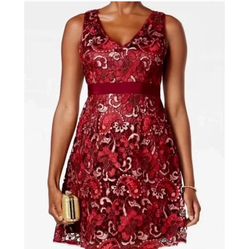 Adrianna Papell Dress Womens 12 Petite Red Gold Lace Overlay‎ V Neck A Line